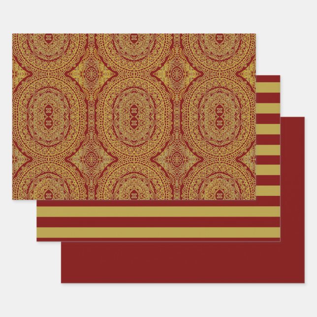 Gold On Red Mandala Wrapping Sheet Set of 3 (Set)