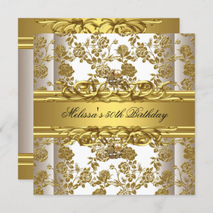 Gold On White 50th Birthday Party Jewels Floral Invitation
