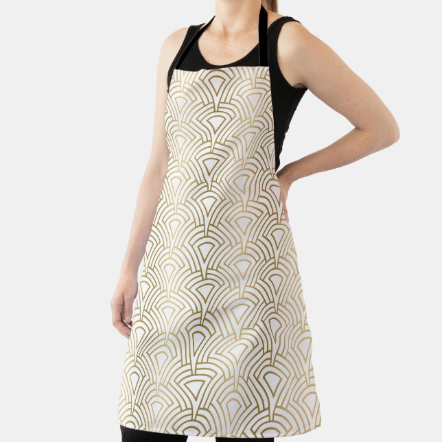 Gold on white art-deco geometric pattern No.3 Apron (Insitu)
