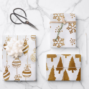 Gold on White Christmas Trees. Baubles, Snowflakes Wrapping Paper Sheet