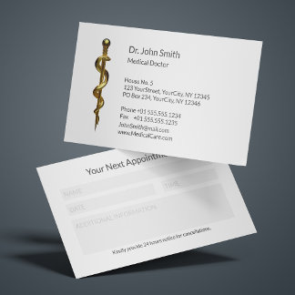 Gold on White Classy Rod of Asclepius Medical  Appointment Card