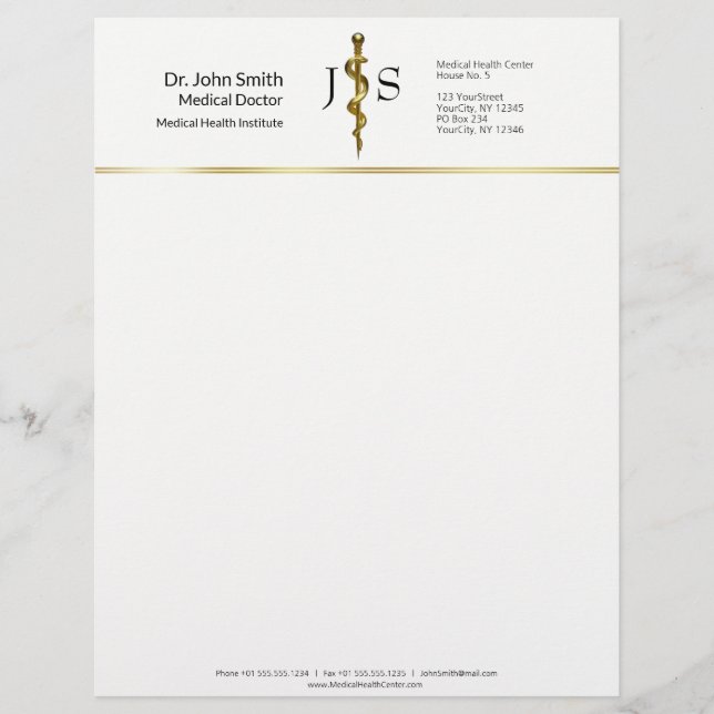 Gold on White Classy Rod of Asclepius Medical Custom Letterhead (Front)