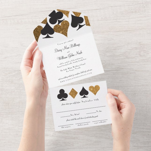 Gold on White Faux Glitter Las Vegas Wedding All In One Invitation (Tearaway)