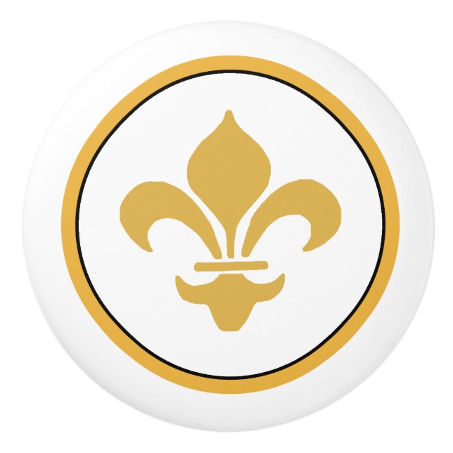 Gold on White Fleur de Lis Ceramic Knob (Front)