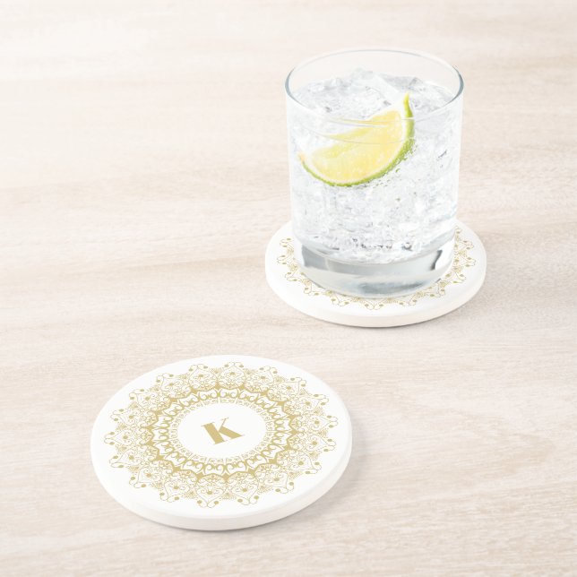 Gold on white ornate mandal circle design coaster (Side)
