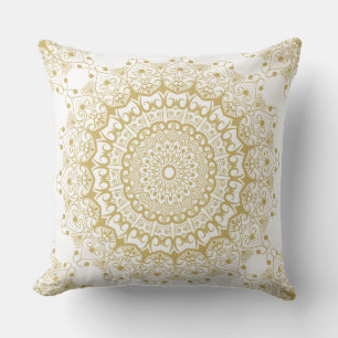 Gold on white ornate mandal pattern cushion
