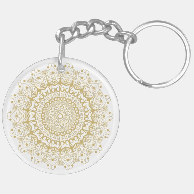 Gold on white ornate mandal pattern key ring (Back Left)