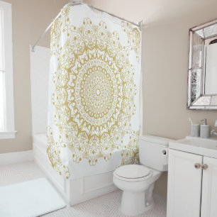 Gold on white ornate mandal pattern shower curtain