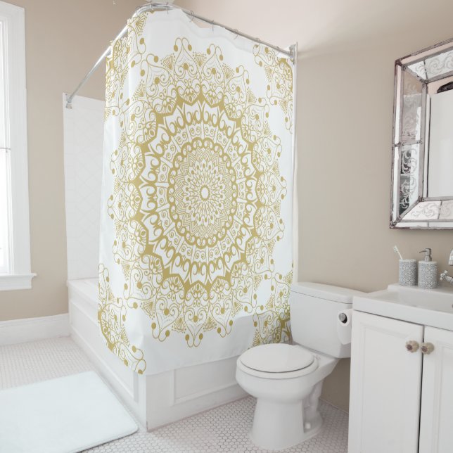 Gold on white ornate mandal pattern shower curtain (In Situ)