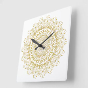Gold on white ornate mandal pattern square wall clock