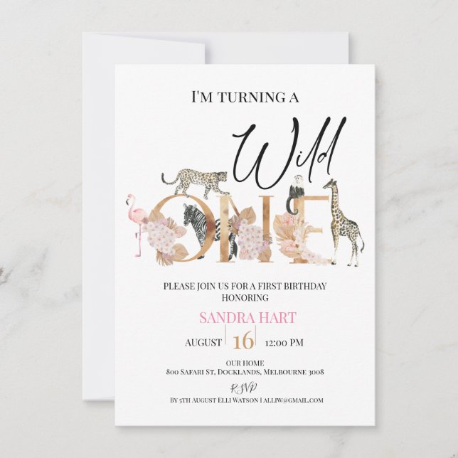 Gold One Boho Floral Safari Girls First Birthday Invitation (Front)