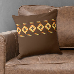 Gold Orange Geometric Diamond Border Brown Throw Cushion