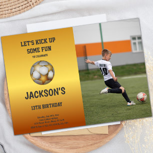 Gold Orange Soccer Birthday Invitations w photo