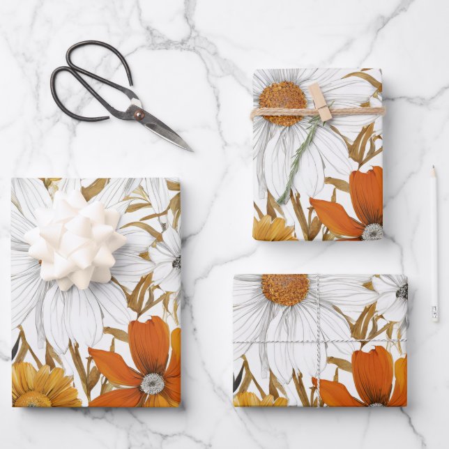 Gold Orange White Daisy Boho Wildflower Decoupage Wrapping Paper Sheet (Front)