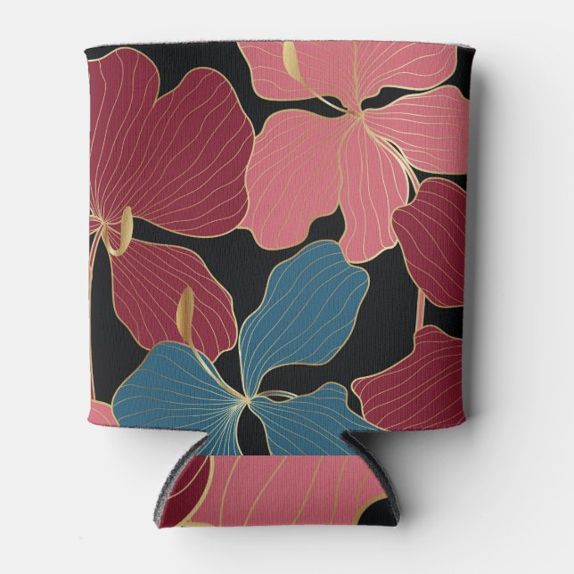 Gold orchids, elegant floral line art. can cooler (Front)