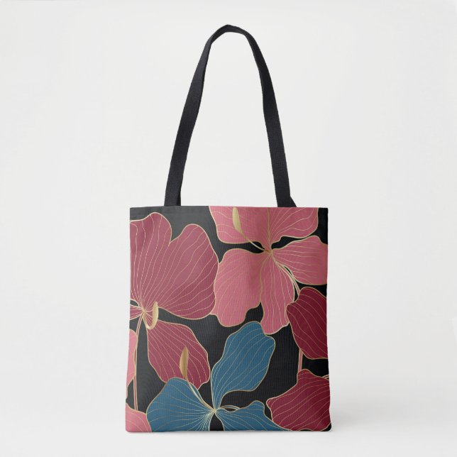 Gold orchids, elegant floral line art. tote bag (Front)
