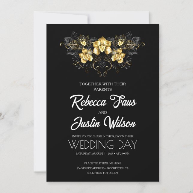 Gold Orchids Flowers on Black Invitation (Front)