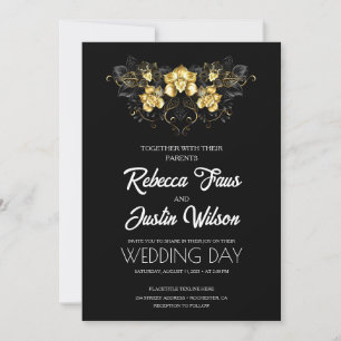 Gold Orchids Flowers on Black Invitation