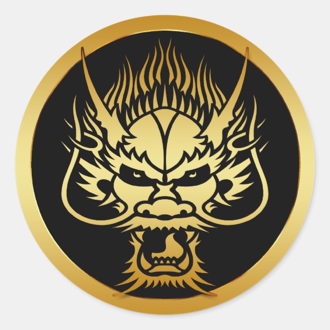 GOLD ORIENTAL DRAGON HEAD CLASSIC ROUND STICKER (Front)