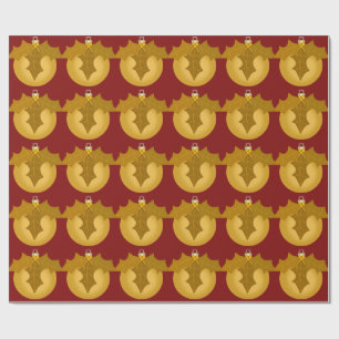 Gold Ornament and Holly on Dark Red Wrapping Paper