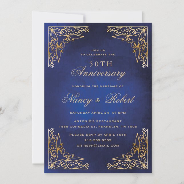 Gold Ornament Border Blue 50th Wedding Anniversary Invitation (Front)