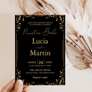 Gold Ornament Corner Black Spanish Nuestra Boda Invitation