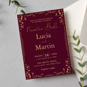 Gold Ornament Corner Red Spanish Nuestra Boda Invitation