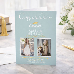 Gold Ornament Graduate 2 Photo Graduation Card