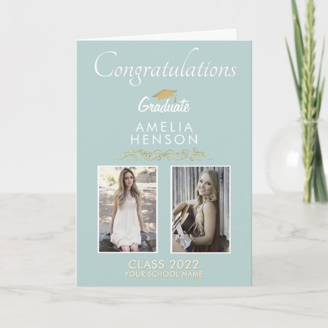 Gold Ornament Graduate 2 Photo Graduation Card (Front)