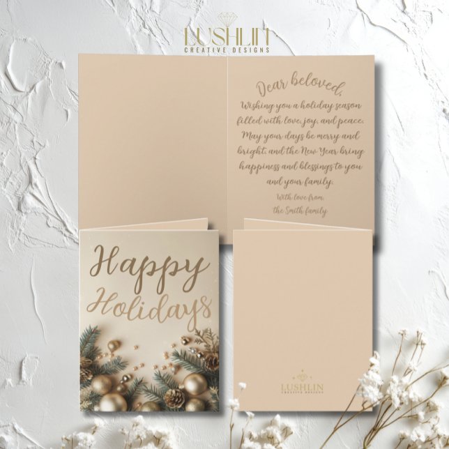 Gold Ornament Greenery Holiday Wishes Christmas Card (Creator Uploaded)