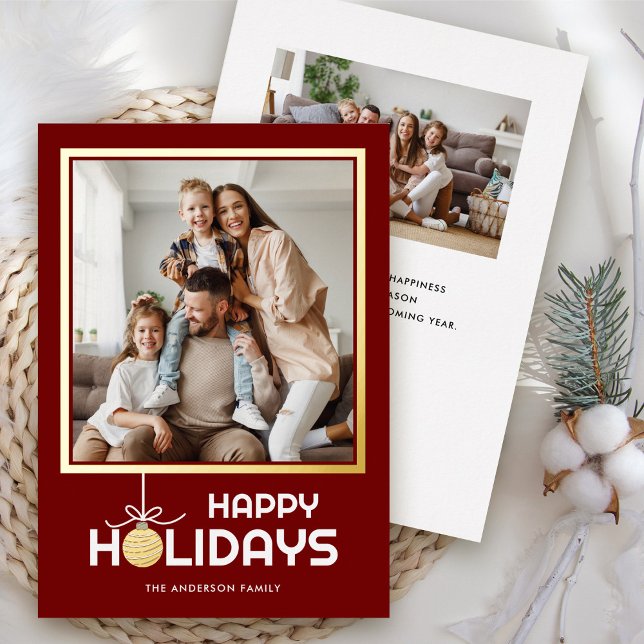 Gold Ornament Happy Holidays Photo Christmas Gold Foil Holiday Card (Creator Uploaded)