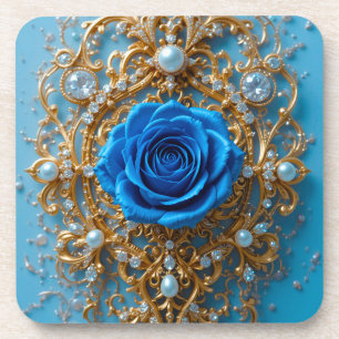 Gold Ornament with Blue Rose and Pearl Coaster