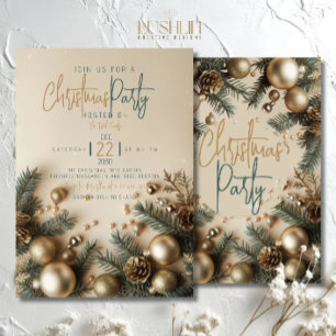 Gold Ornament with Greenery Holiday Christmas Invitation