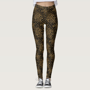 Gold Ornamental Baroque Pattern On Black Leggings