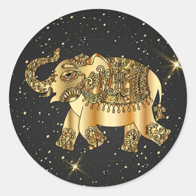 Gold,Ornamental,Elephant,Abstract,Star Night Classic Round Sticker (Front)