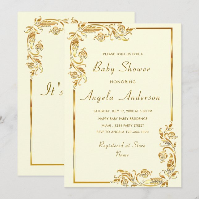 Gold Ornaments Framed Baby Boy Shower Invitation (Front/Back)