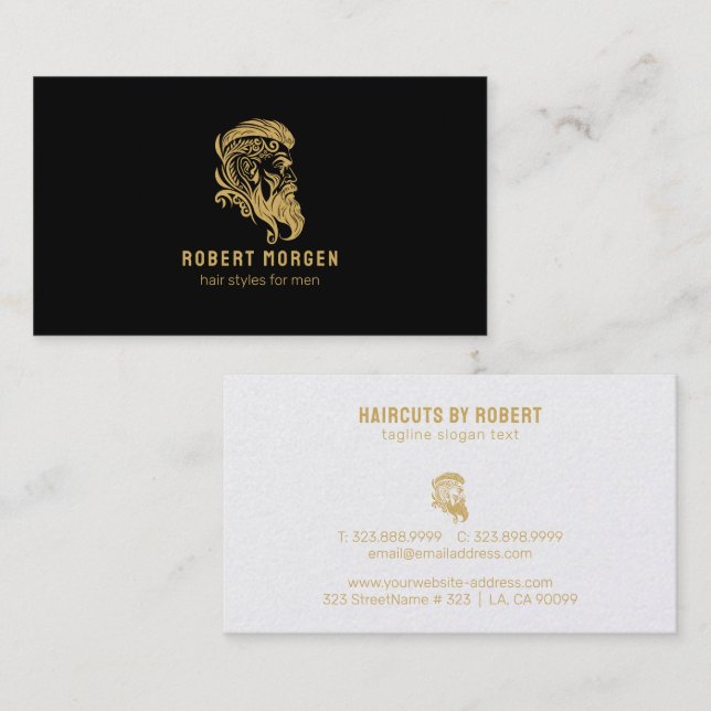 Gold ornaments man's haircut logo business card (Front/Back)