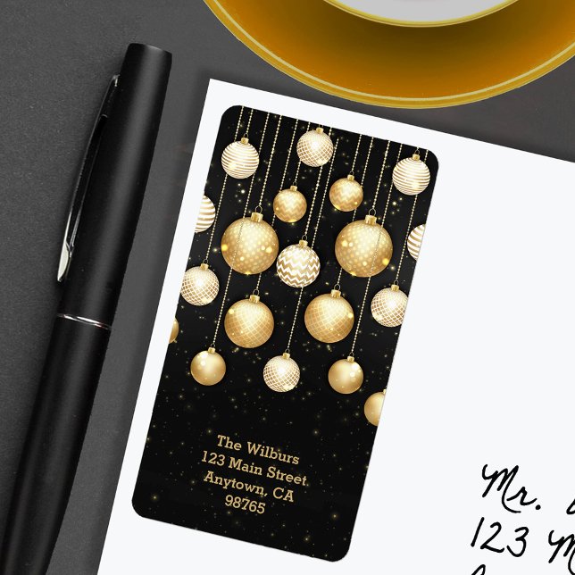 Gold Ornaments on Black Christmas Return Address Label (Gold Ornaments on Black Christmas Return Address Labels)