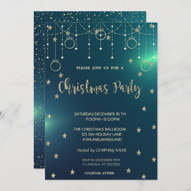 Gold Ornaments,Stars Green Company Christmas Party Invitation (Front/Back)