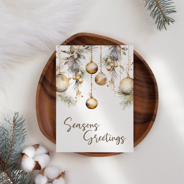 Gold Ornaments White Holly Business Christmas Card (Creator Uploaded)