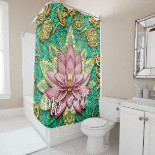 Gold Ornate and Pink Lotus with Personalised Name Shower Curtain