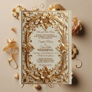 Gold Ornate Baroque Grandeur Floral Motif Wedding Invitation