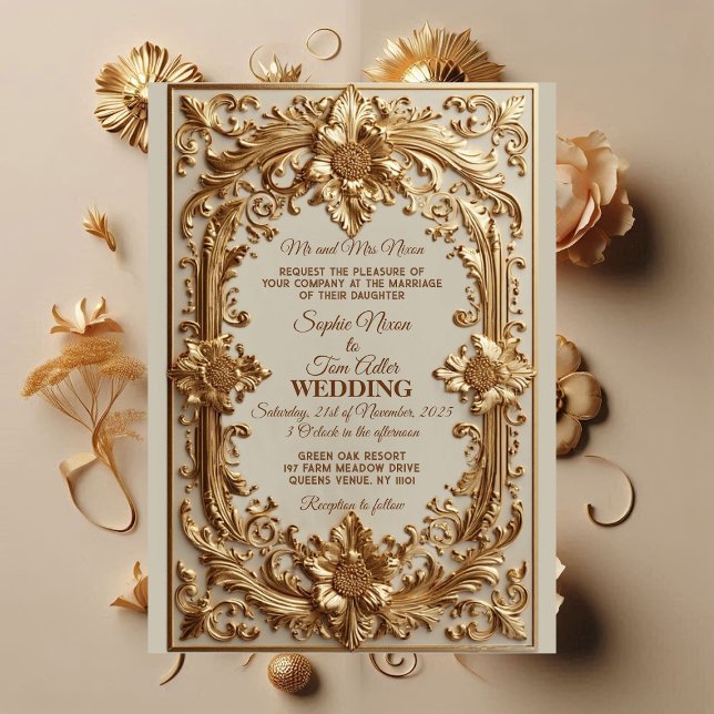Gold Ornate Baroque Grandeur Floral Motif Wedding  Invitation (Gold Ornate Baroque Grandeur Floral Motif Wedding Invitation)