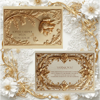 Gold Ornate Baroque Grandeur Floral Motif Wedding Thank You Card