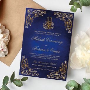 Gold Ornate Blue Islamic Henna Mehndi Ceremony Invitation