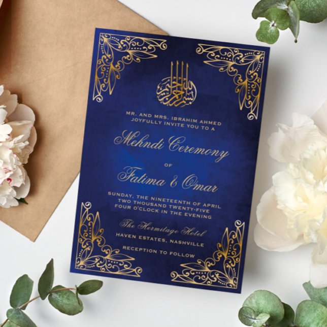 Gold Ornate Blue Islamic Henna Mehndi Ceremony Invitation (Creator Uploaded)
