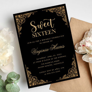 Gold Ornate Border Black Sweet Sixteen 16 Birthday Invitation