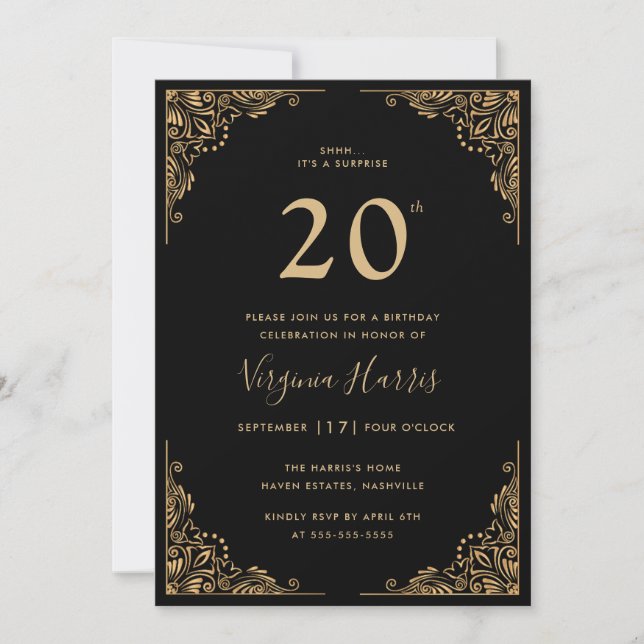 Gold Ornate Border Black Twenty 20th Birthday Invitation (Front)