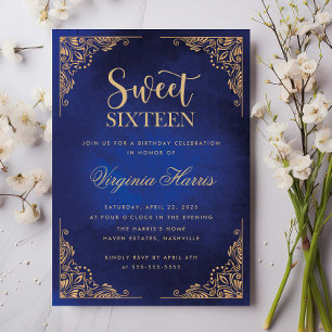 Gold Ornate Border Blue Sweet Sixteen 16 Birthday Invitation