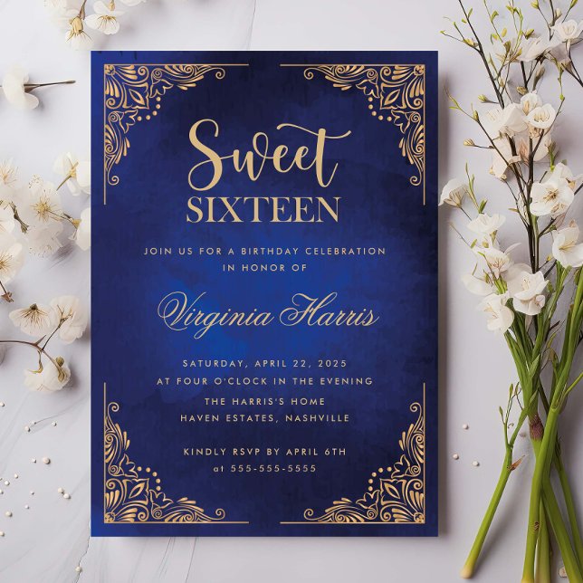 Gold Ornate Border Blue Sweet Sixteen 16 Birthday Invitation (Creator Uploaded)